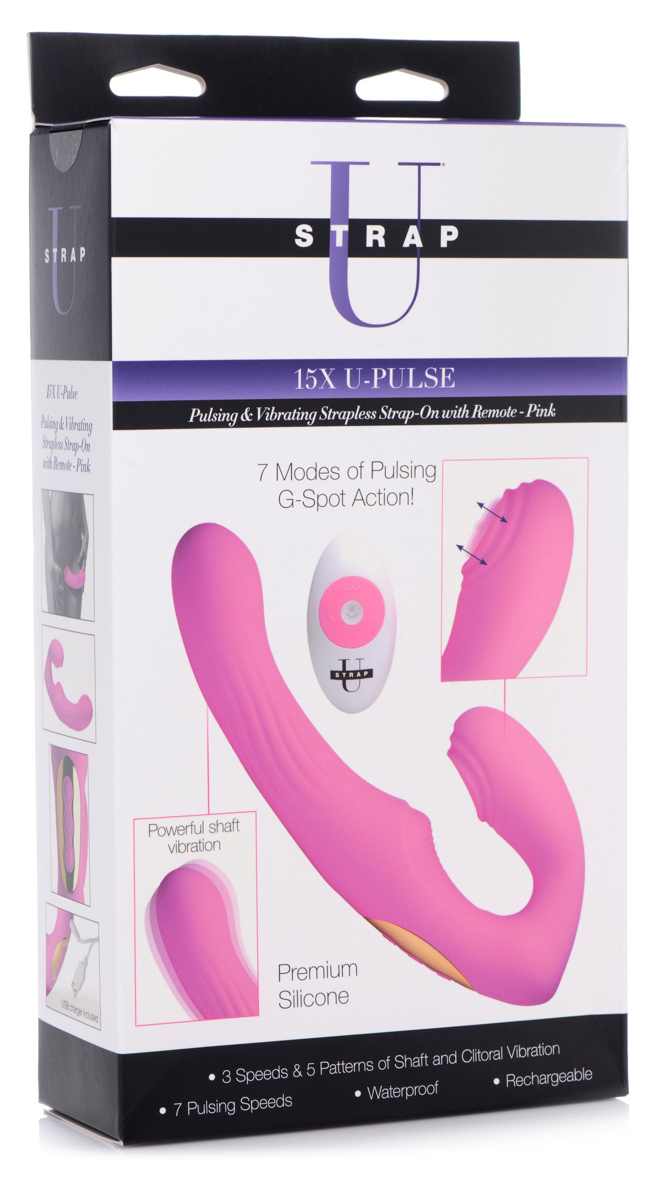 15X U-Pulse Silicone Pulsating and Vibrating Strapless Strap-on with Remote - Pink