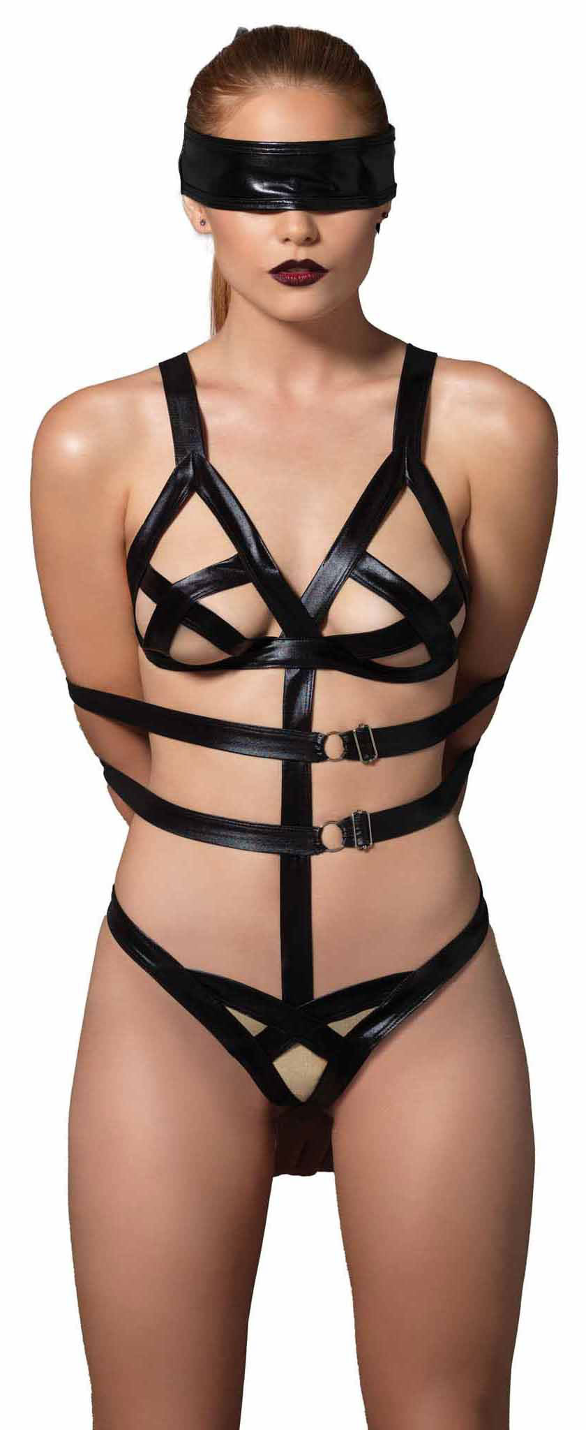 3 Piece Wet Look Bondage G-String Teddy with Restraints