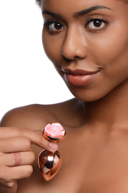 Rose Gold Anal Plug with Pink Flower - Medium