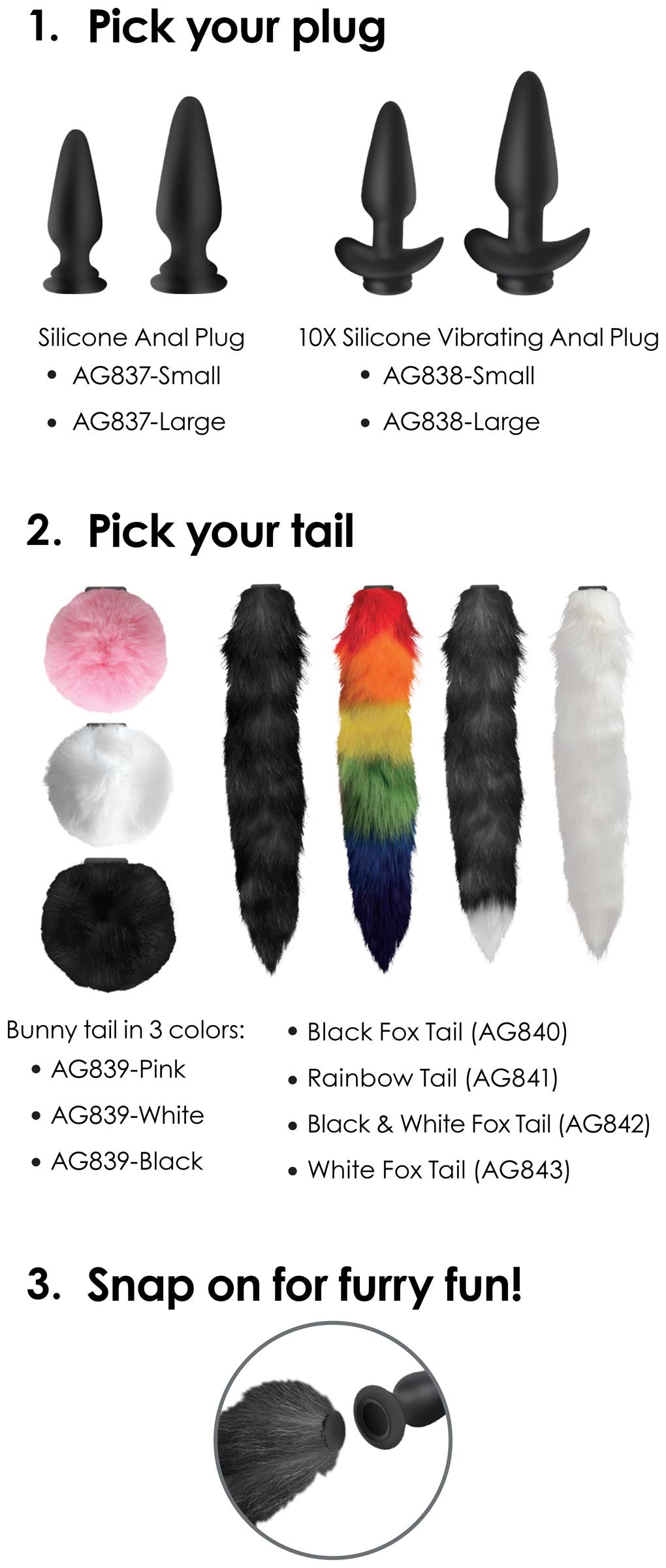 Large Anal Plug with Interchangeable Fox Tail - Black