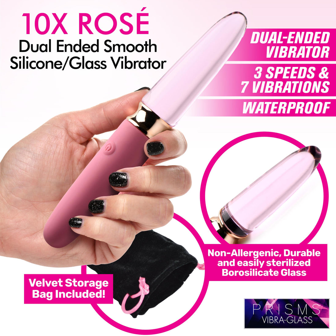 10X Rose Dual Ended Smooth Silicone and Glass Vibrator