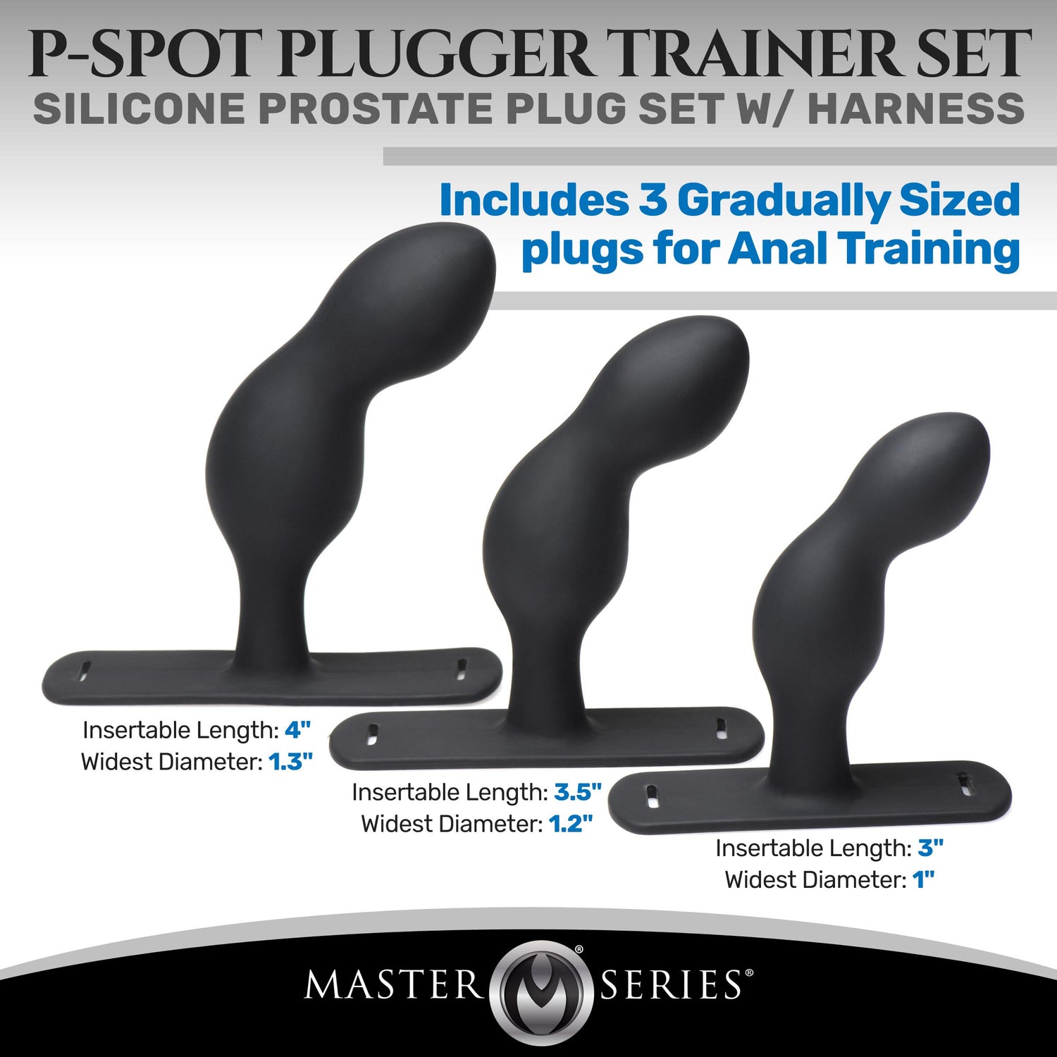 P-Spot Plugger Trainer Set Silicone 3 Piece Prostate Plug Set with Harness