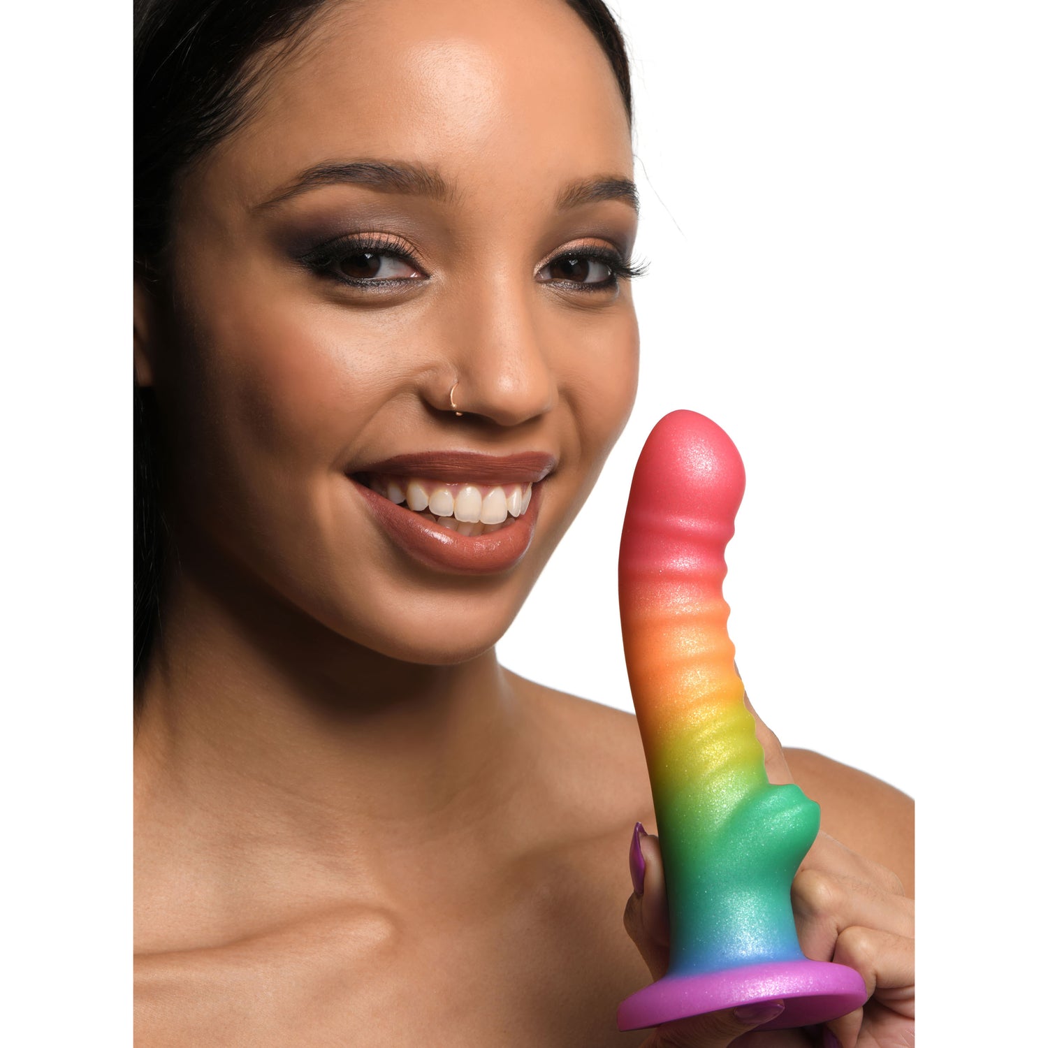 Ribbed Rainbow Silicone Dildo