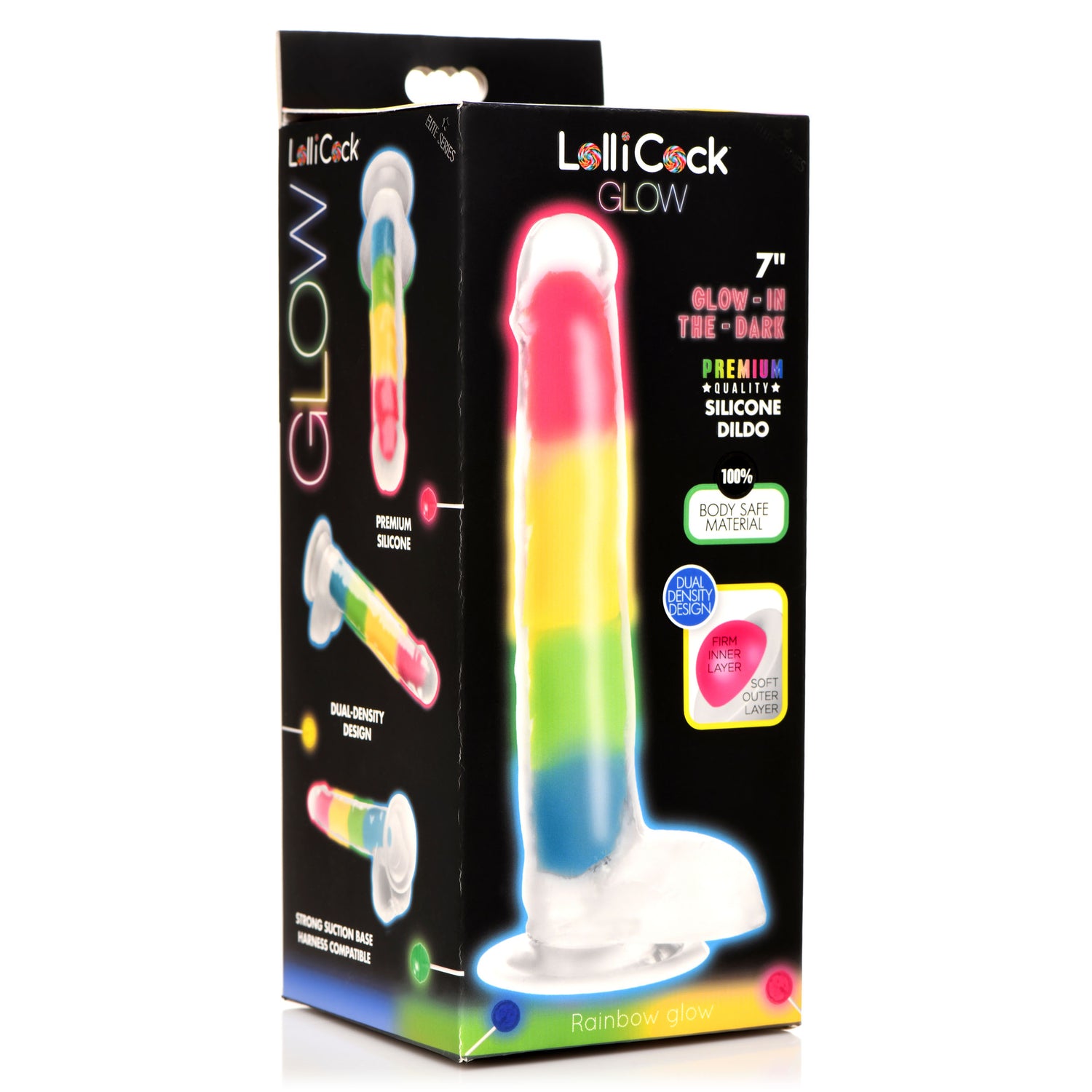 7 Inch Glow-in-the-Dark Rainbow Silicone Dildo with Balls