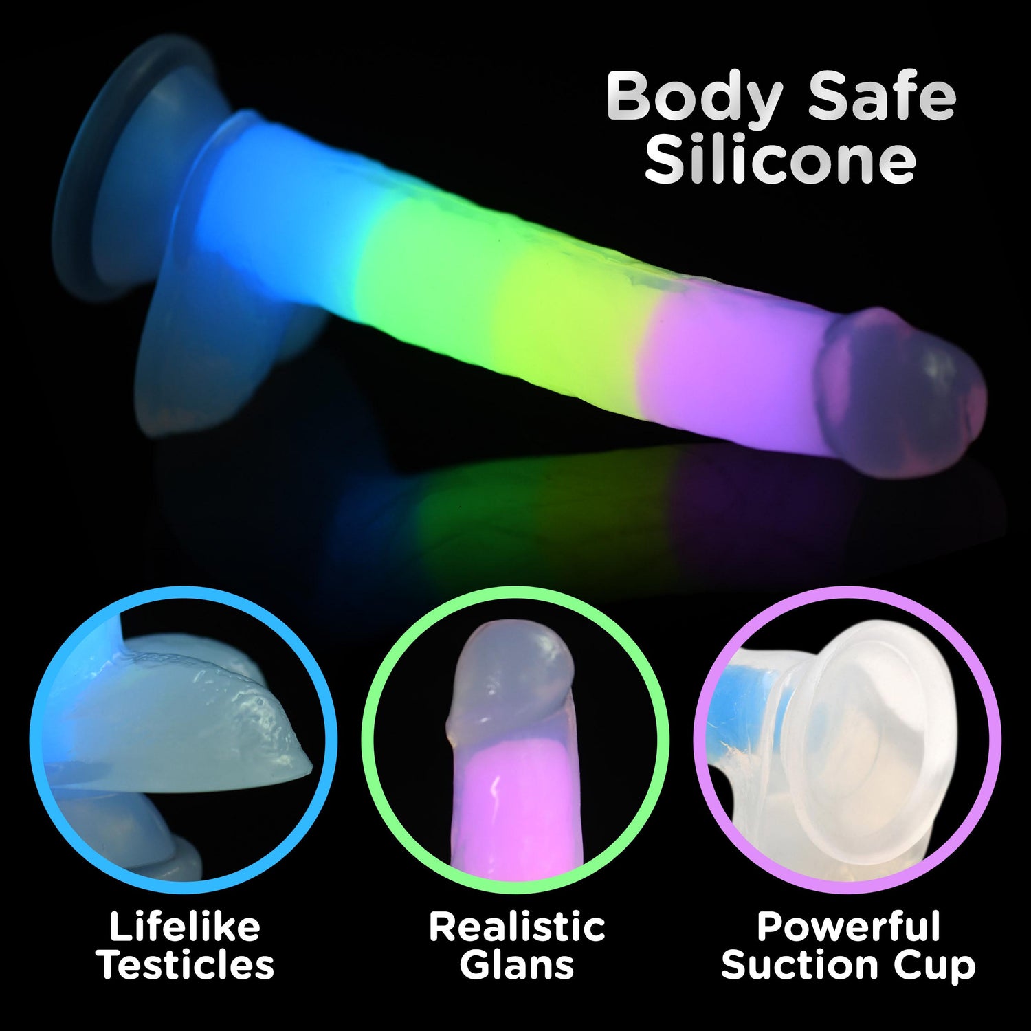 7 Inch Glow-in-the-Dark Rainbow Silicone Dildo with Balls