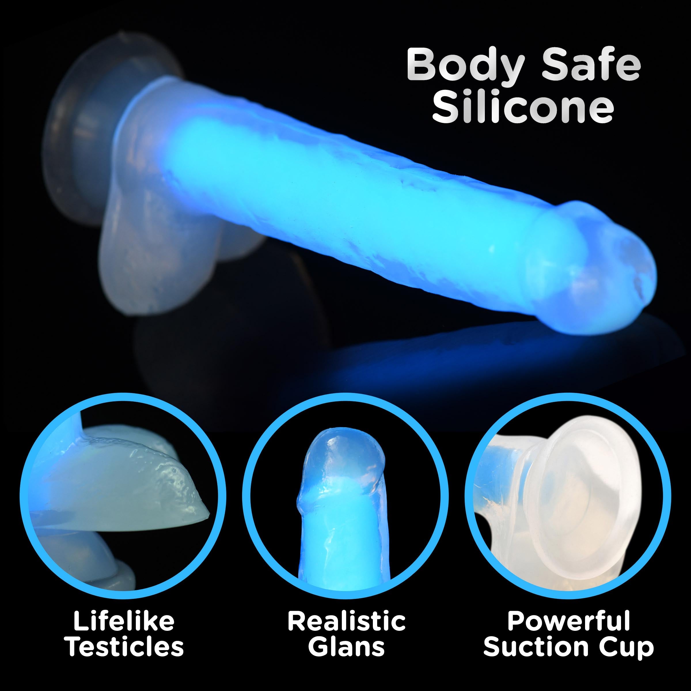 7 Inch Glow-in-the-Dark Silicone Dildo with Balls - Blue